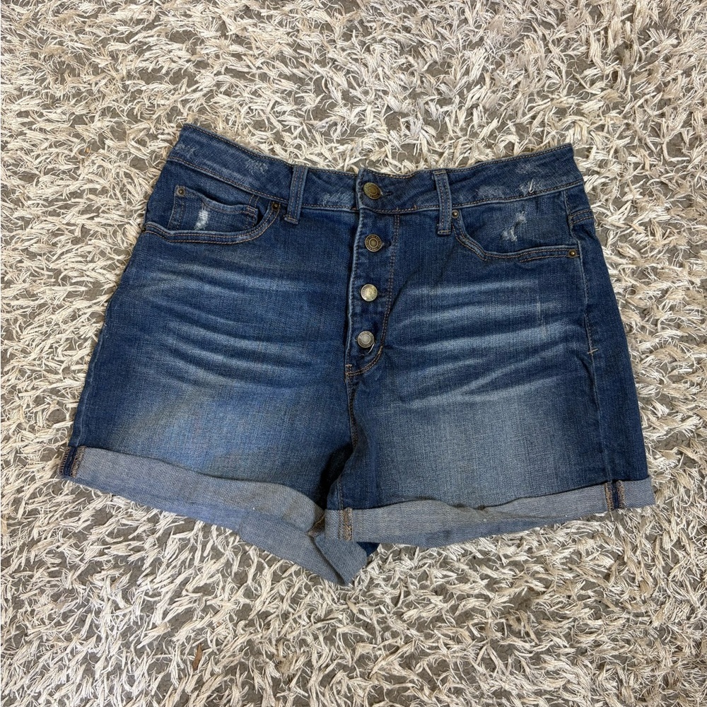 Time & Tru Button Fly denim shorts Womens Size 12 Distressed High Rise Roll hem